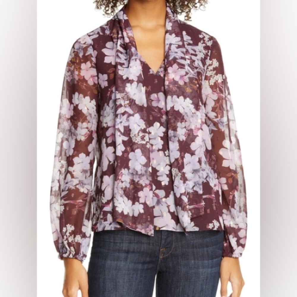 NWT Ted Baker Cyllie Pergola Elderflower Tie Neck Blouse in Oxblood